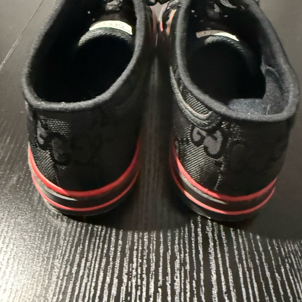 Gucci Black GG Canvas Sneakers with Red Sole Trim and Web Stripe - Picture 3 of 4